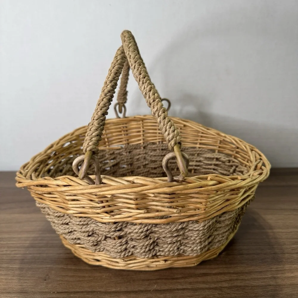 Vintage 1960's Boho Wicker Rattan Folding Handles‎ Hand Woven Basket 11x10
